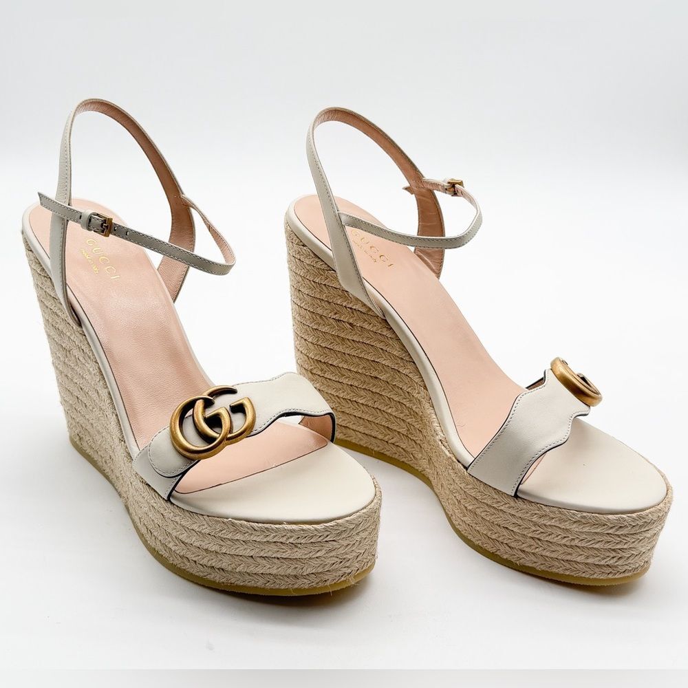 Gucci Aitana GG Marmont Espadrille Platform Wedge Sandal White Leather EU 41.5